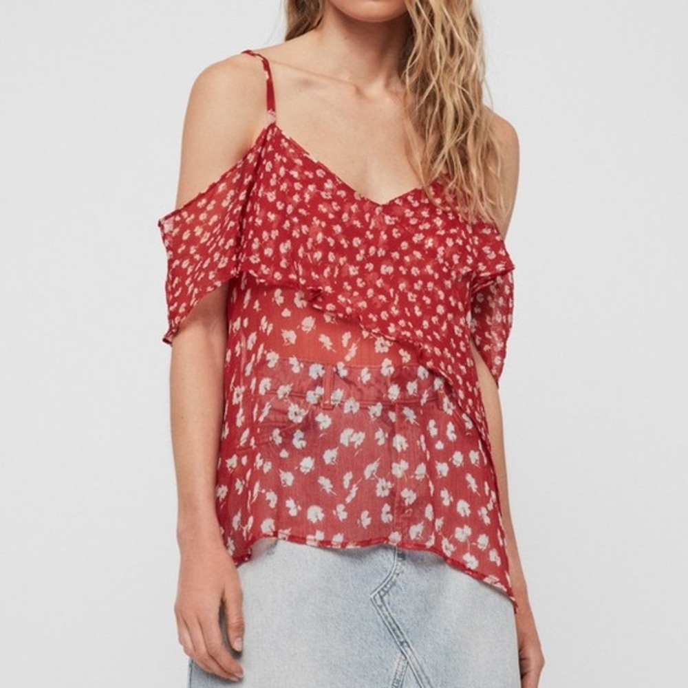 All Saints - Flowy Off-Shoulder Scatter Floral Top Red and White
